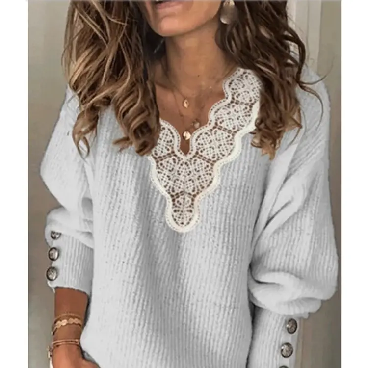 Women's 2022 Lace V-Neck Sweater Grey — feature 7