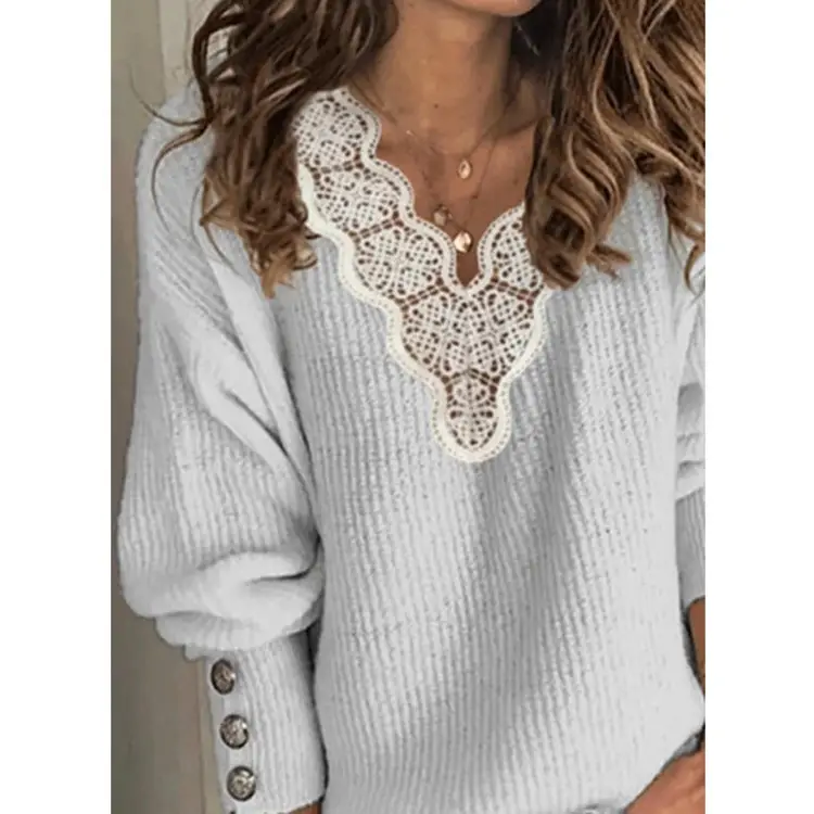 Women's 2022 Lace V-Neck Sweater Grey