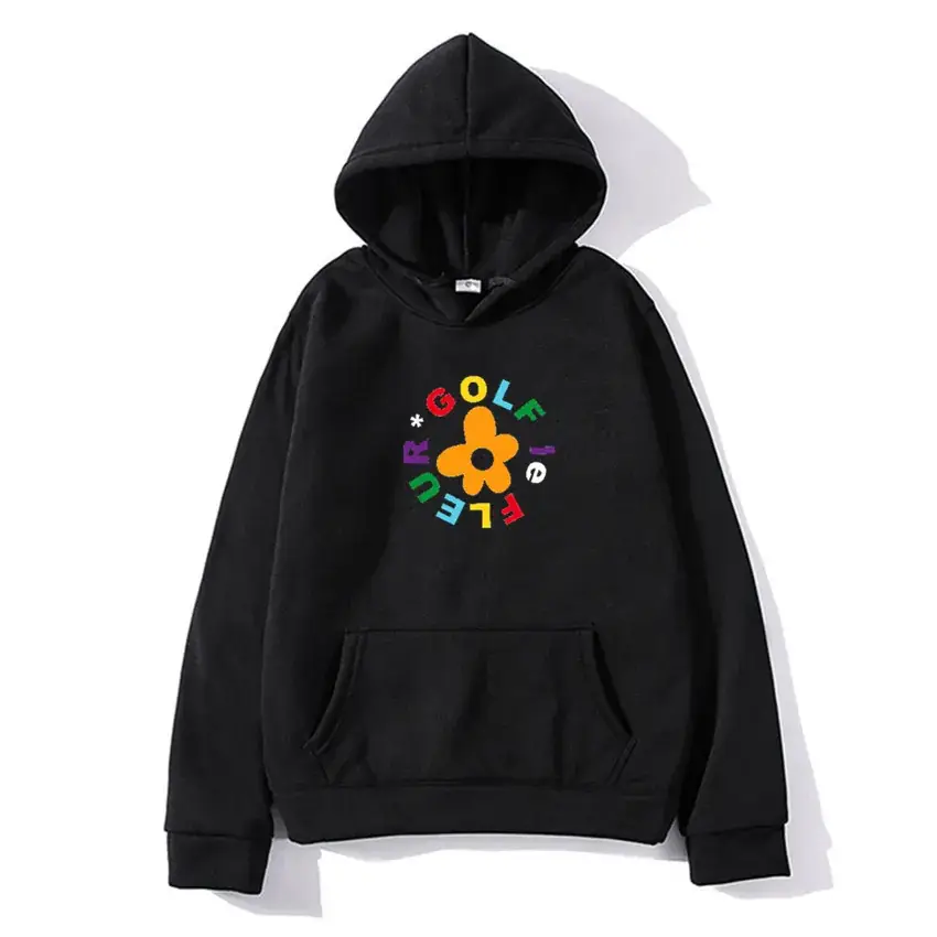 Men Black Hoodie with Colorful Flower Print - Image 31
