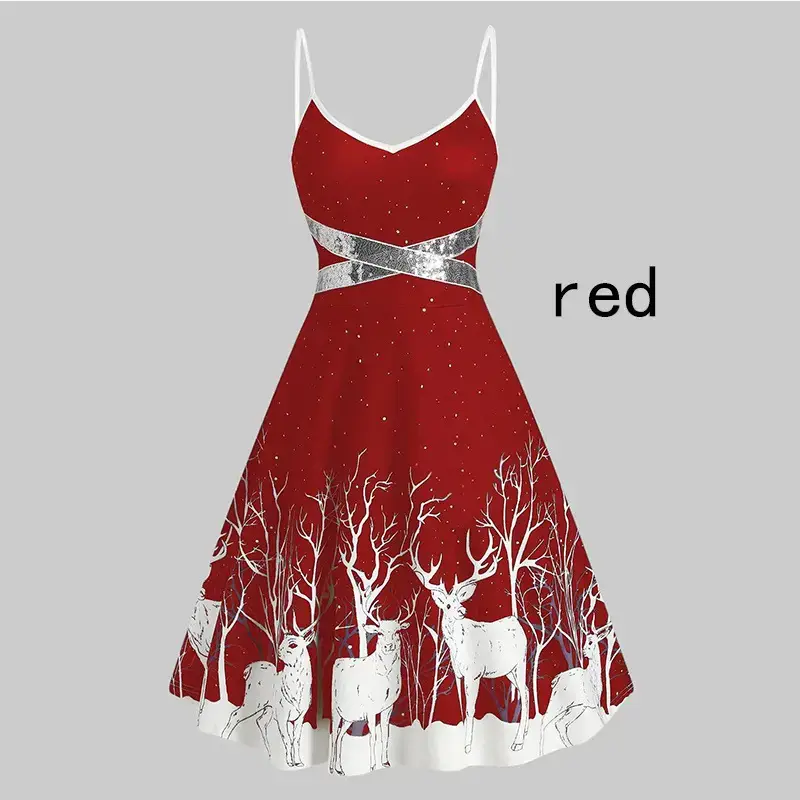 Green Deer Print A-line Dress with Bow and Sling - Image 6
