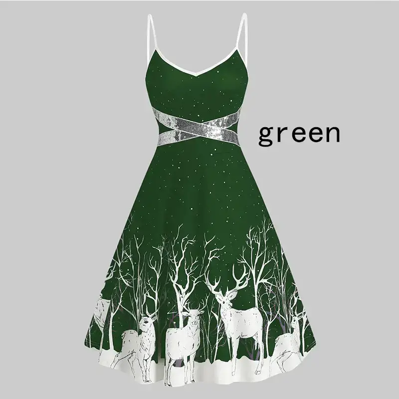 Green Deer Print A-line Dress with Bow and Sling - Image 7