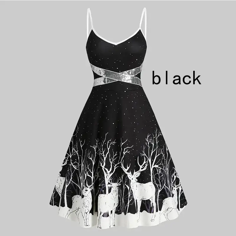 Green Deer Print A-line Dress with Bow and Sling - Image 8