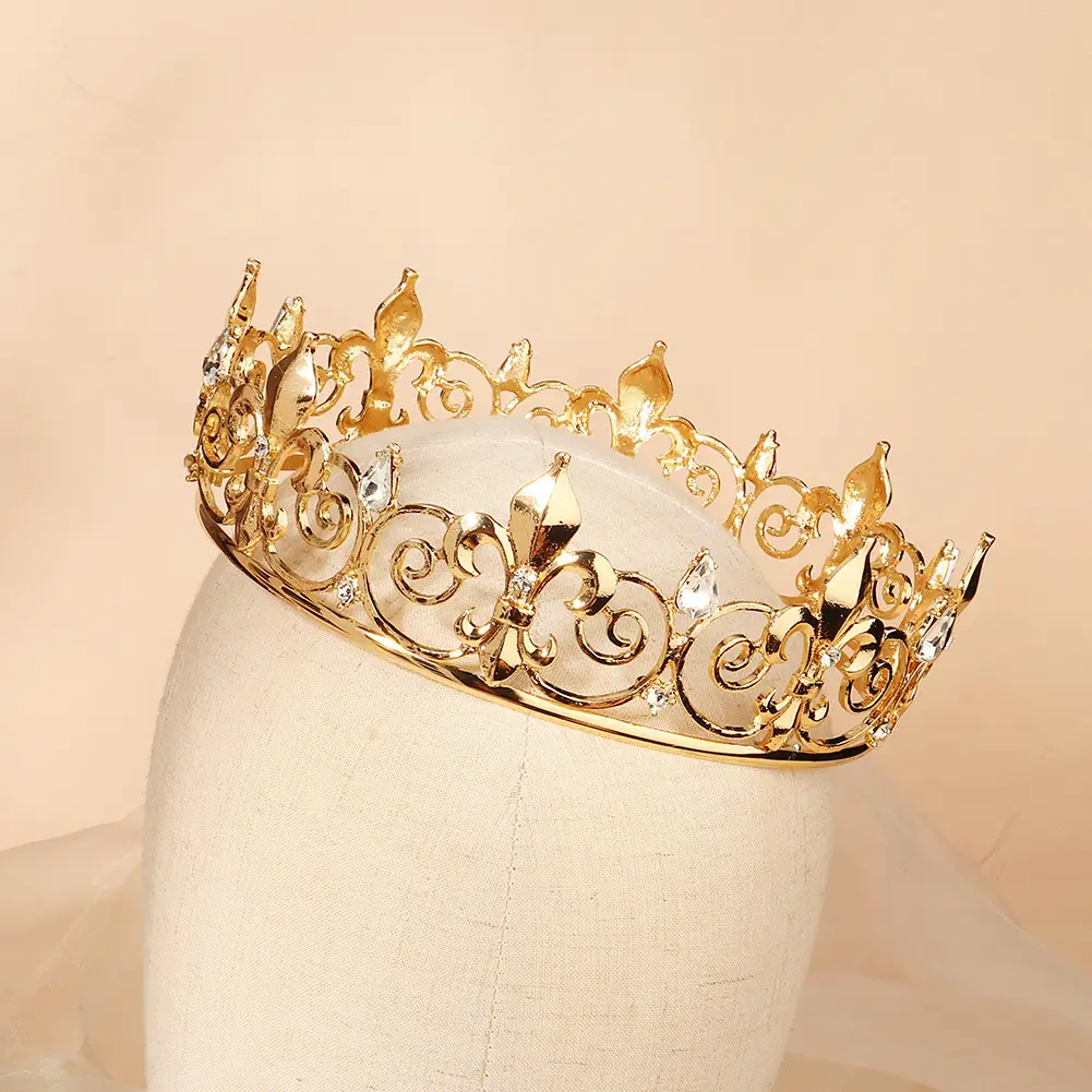 Vintage European Crown Gold Rhinestone Alloy Party Headdress - Image 6