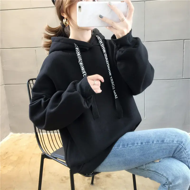 Women Black Letter Print Hoodie Sweatshirt Long Sleeve Winter Wear - Image 6