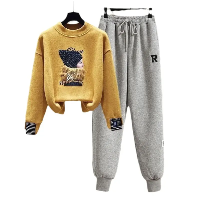 Women Fleece Sweatshirt Set Yellow Grey Winter Casual Pants - Image 10