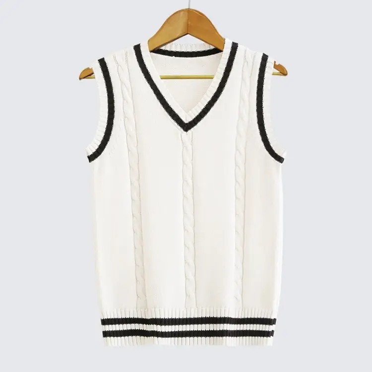 Men V-Neck Twist Sleeveless Sweater White Black - Image 5