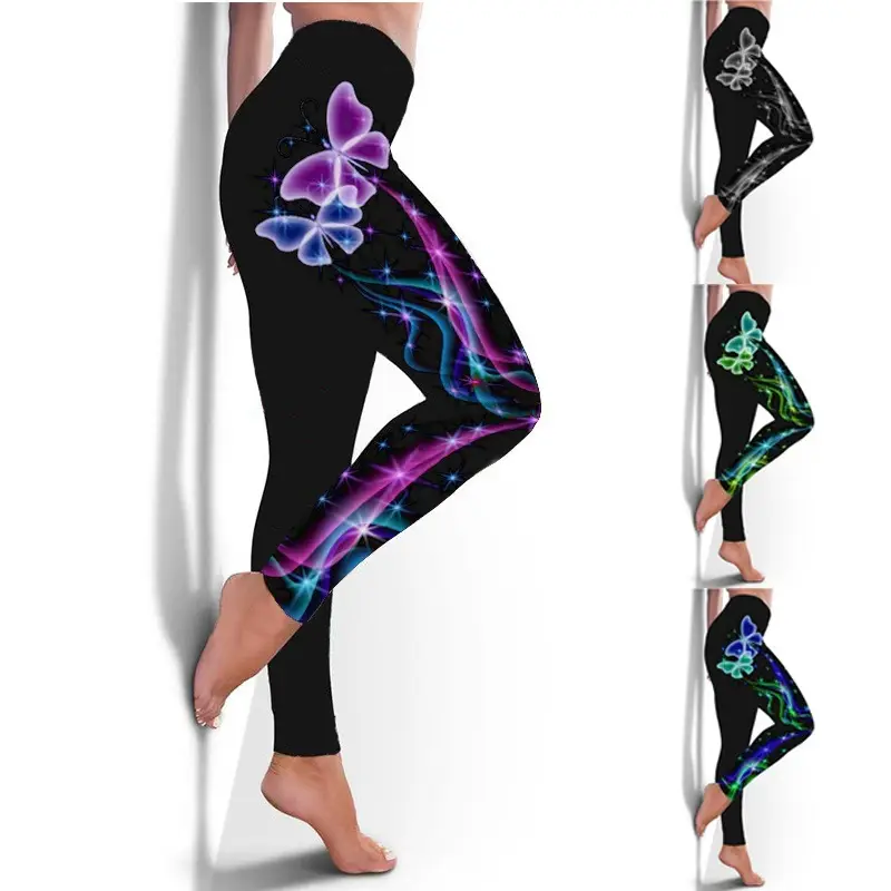 European American Butterfly Christmas Leggings Black Hip Elastic Sports Pants