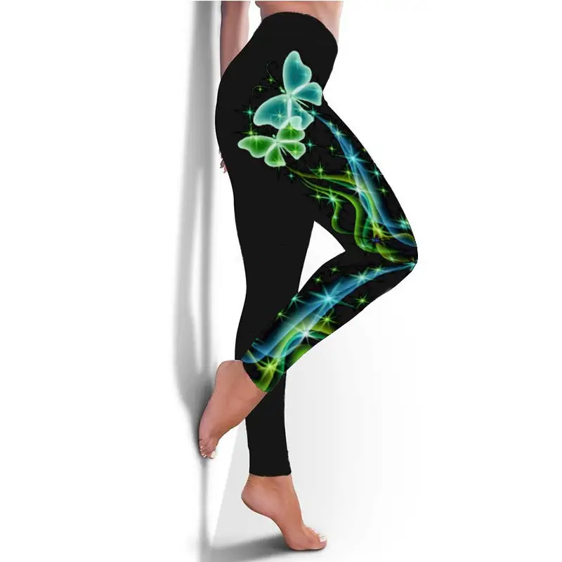 European American Butterfly Christmas Leggings Black Hip Elastic Sports Pants