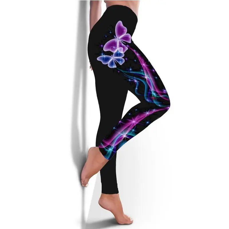 European American Butterfly Christmas Leggings Black Hip Elastic Sports Pants — feature 4