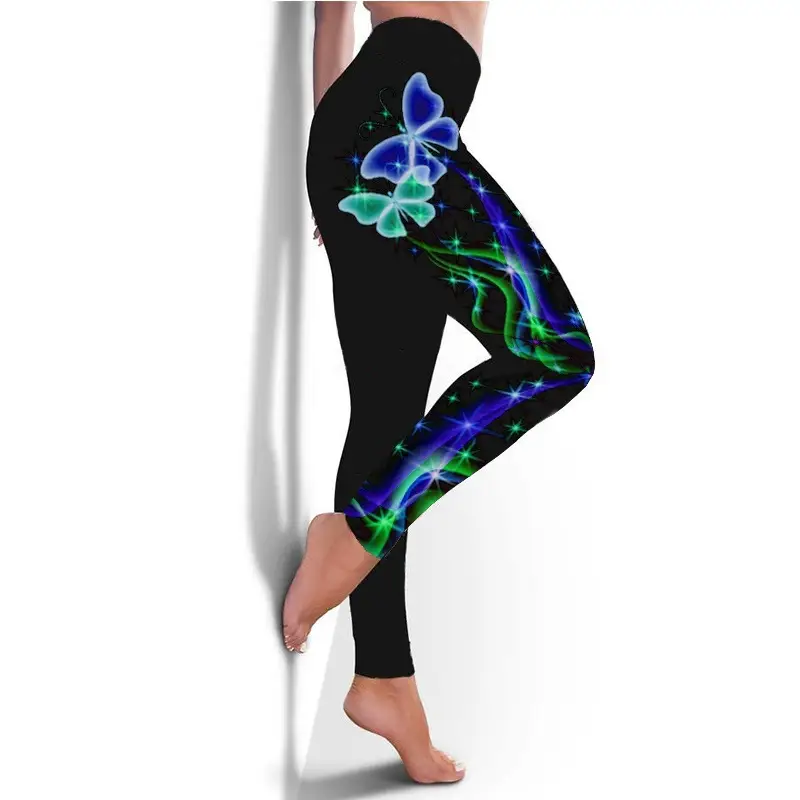 European American Butterfly Christmas Leggings Black Hip Elastic Sports Pants — feature 5