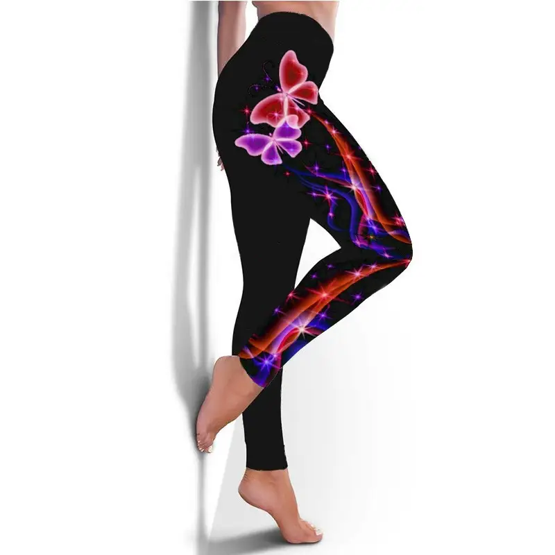 European American Butterfly Christmas Leggings Black Hip Elastic Sports Pants — feature 6