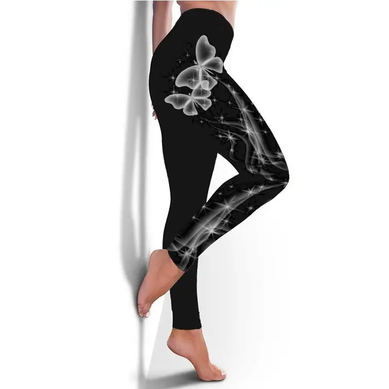 European American Butterfly Christmas Leggings Black Hip Elastic Sports Pants