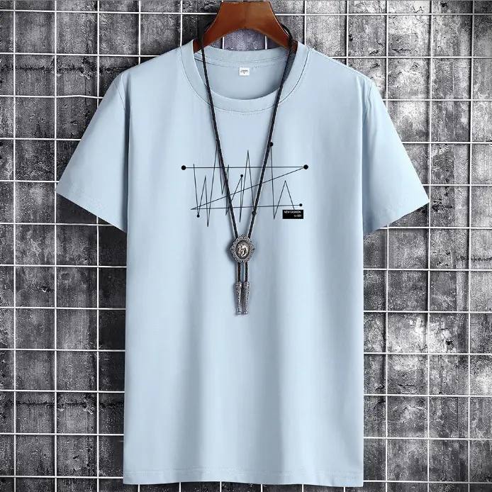Men Blue Cotton T-Shirt Loose Fit Round Neck