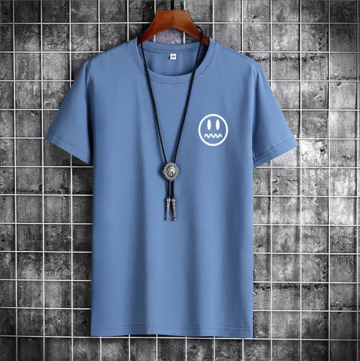 Men Light Blue T-Shirt with Smiley Print Cotton Loose Fit - Image 13