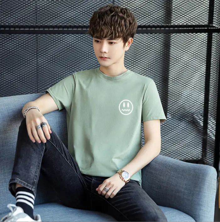 Men Light Blue T-Shirt with Smiley Print Cotton Loose Fit - Image 10