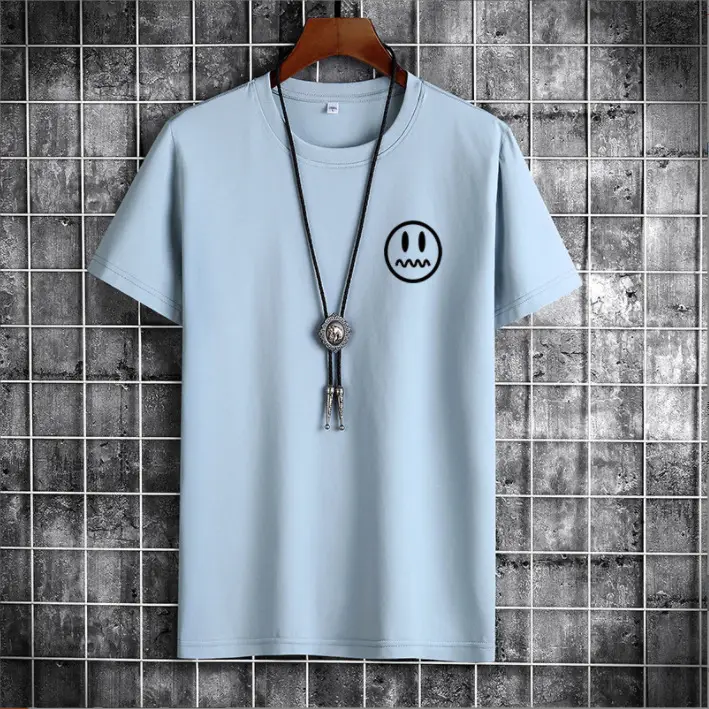 Men Light Blue T-Shirt with Smiley Print Cotton Loose Fit - Image 4