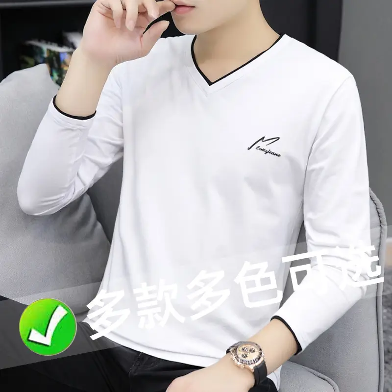 Men V-Neck Long Sleeve T-Shirt Black 2023 - Image 18