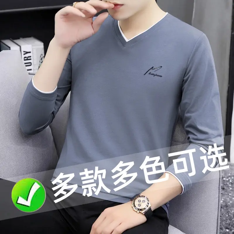 Men V-Neck Long Sleeve T-Shirt Black 2023 - Image 19
