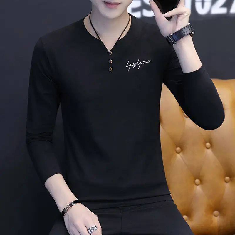 Men V-Neck Long Sleeve T-Shirt Black 2023 - Image 10