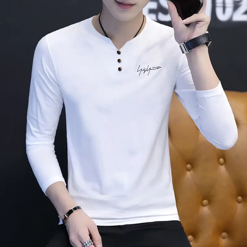 Men V-Neck Long Sleeve T-Shirt Black 2023 - Image 11