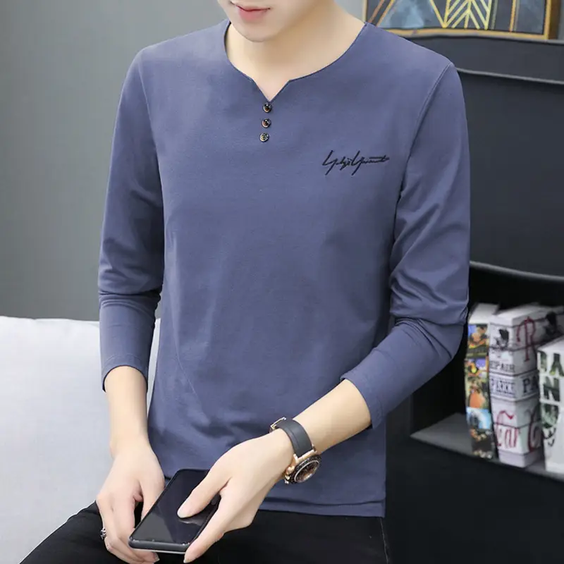 Men V-Neck Long Sleeve T-Shirt Black 2023 - Image 12