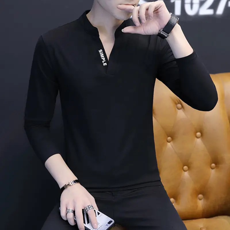 Men V-Neck Long Sleeve T-Shirt Black 2023 - Image 14