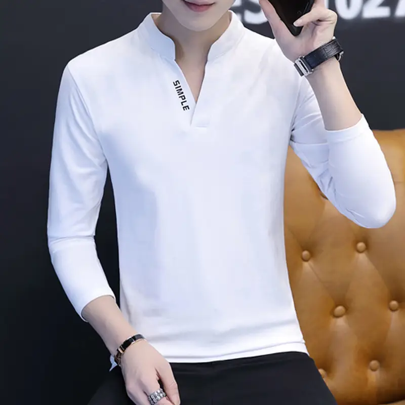 Men V-Neck Long Sleeve T-Shirt Black 2023 - Image 15