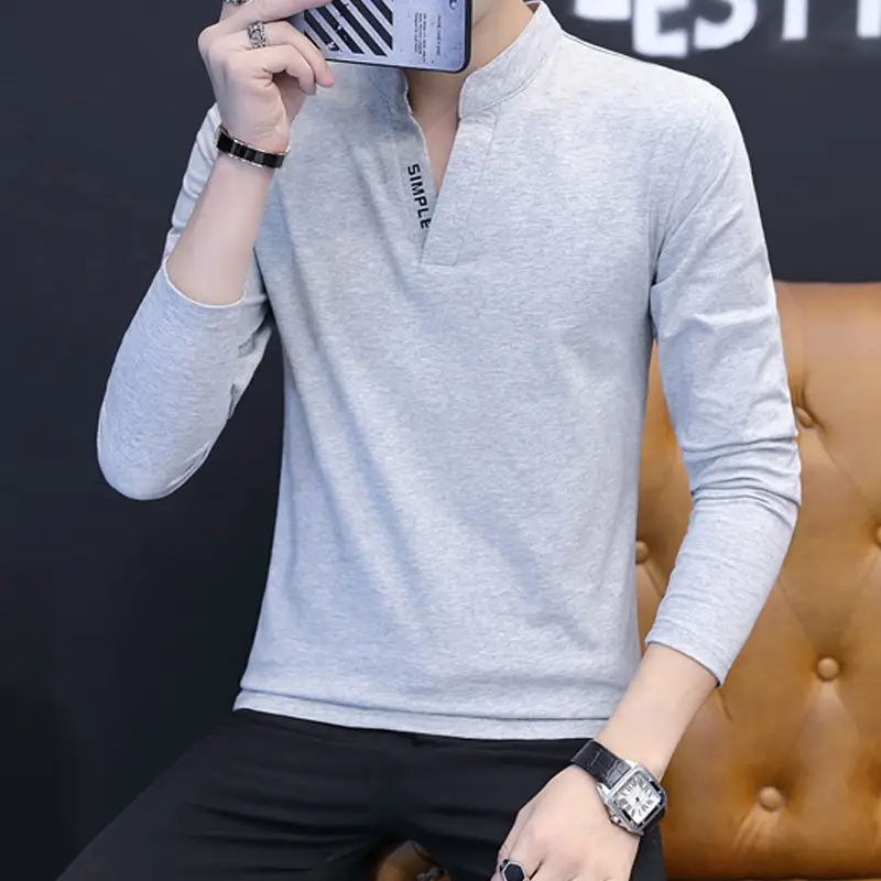 Men V-Neck Long Sleeve T-Shirt Black 2023 - Image 16