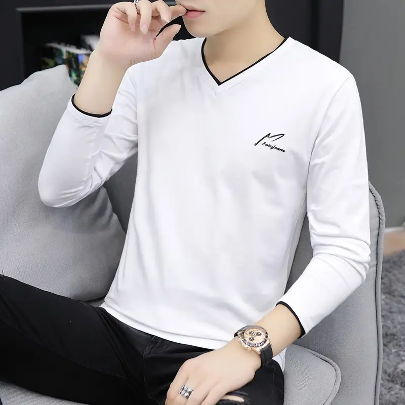 Men V-Neck Long Sleeve T-Shirt Black 2023 - Image 2