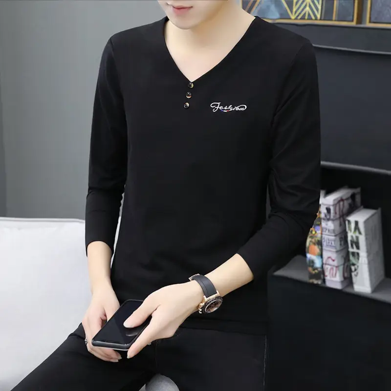 Men V-Neck Long Sleeve T-Shirt Black 2023 - Image 6