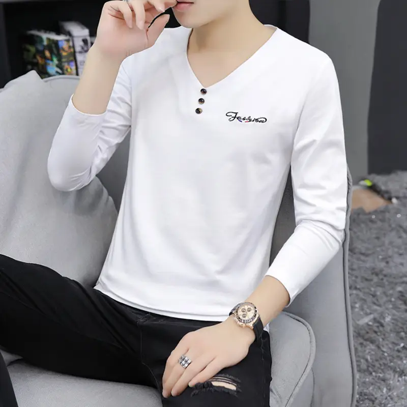 Men V-Neck Long Sleeve T-Shirt Black 2023 - Image 7
