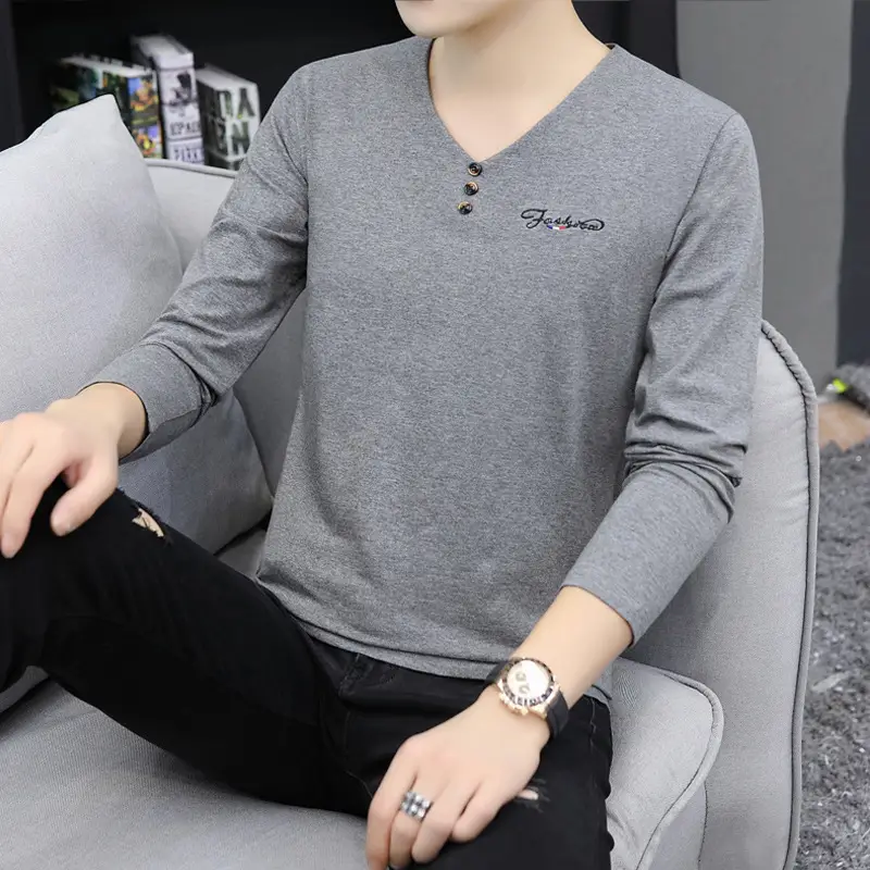 Men V-Neck Long Sleeve T-Shirt Black 2023 - Image 8