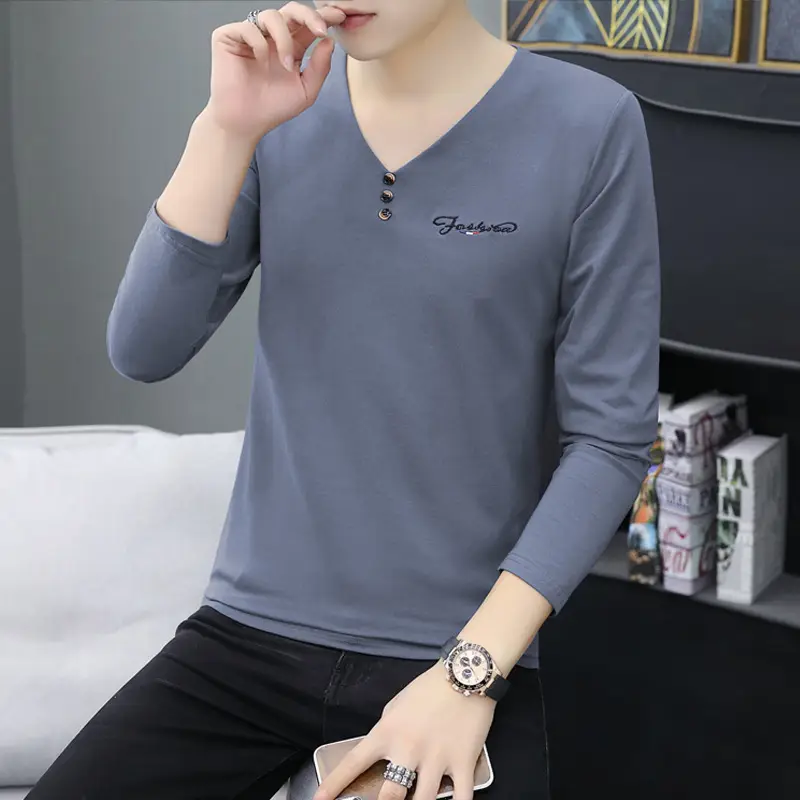 Men V-Neck Long Sleeve T-Shirt Black 2023 - Image 9