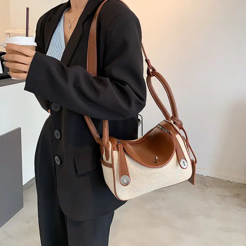 Women's Large Capacity Shoulder Bag Blue Beige - Image 8