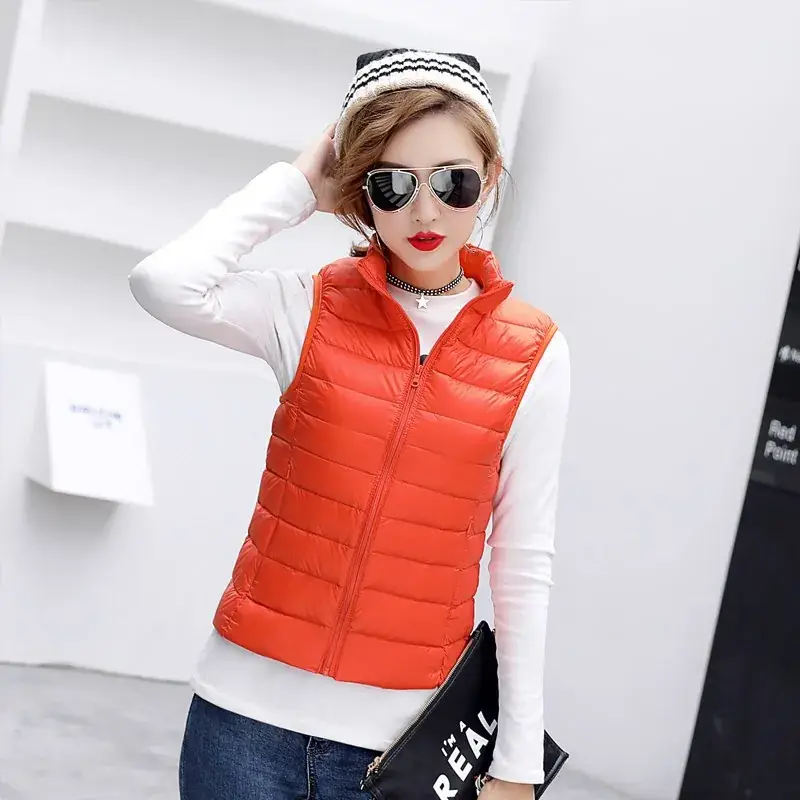 Women Orange Puffer Vest Waistcoat Large Size - Image 18