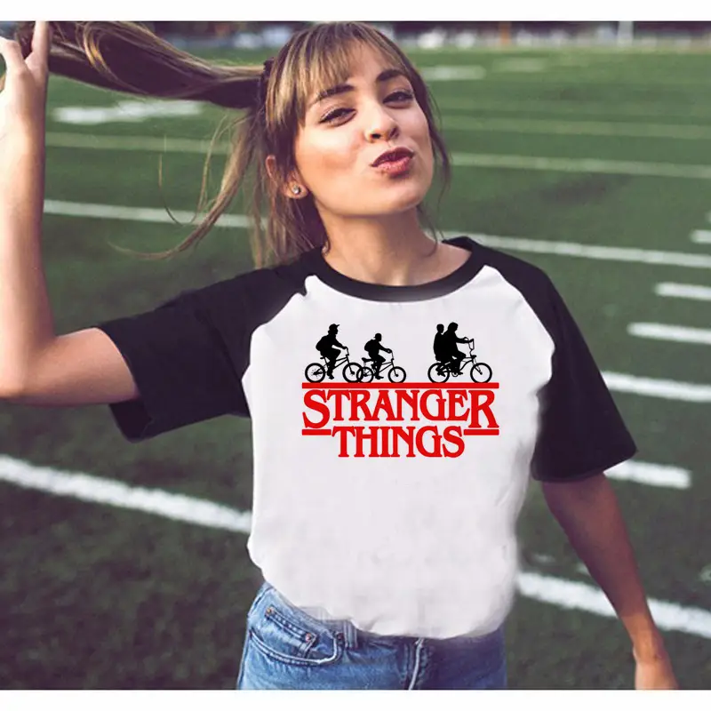 Stranger Things Off-Shoulder T-Shirt White Black Graphic Print - Image 14