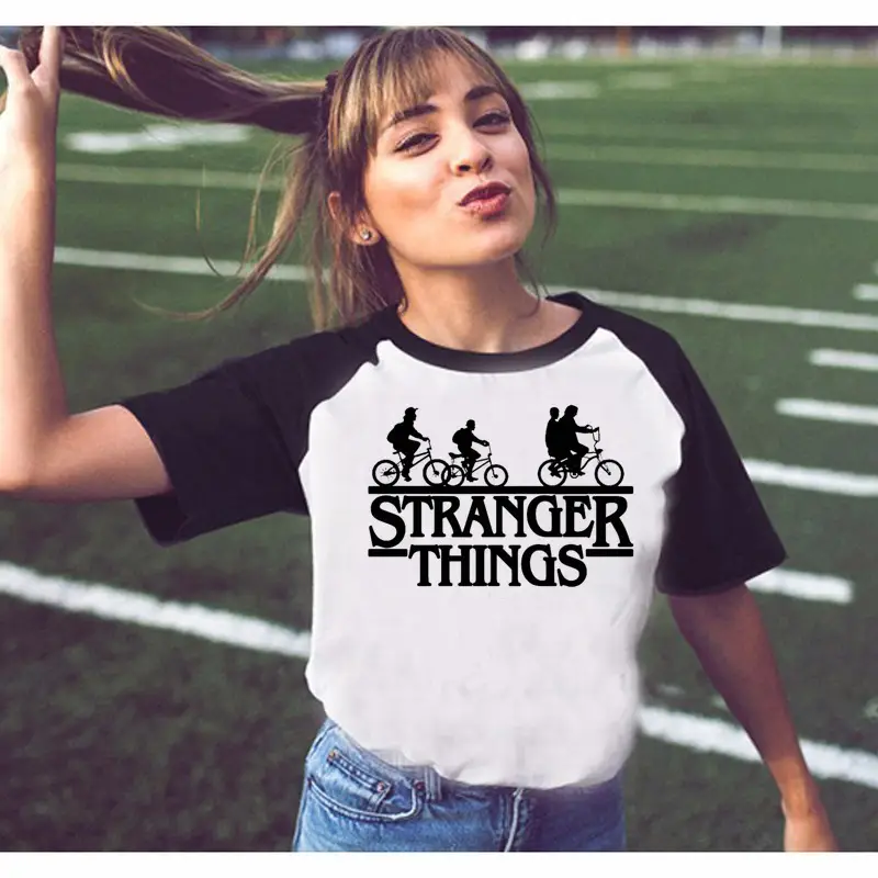 Stranger Things Off-Shoulder T-Shirt White Black Graphic Print - Image 12