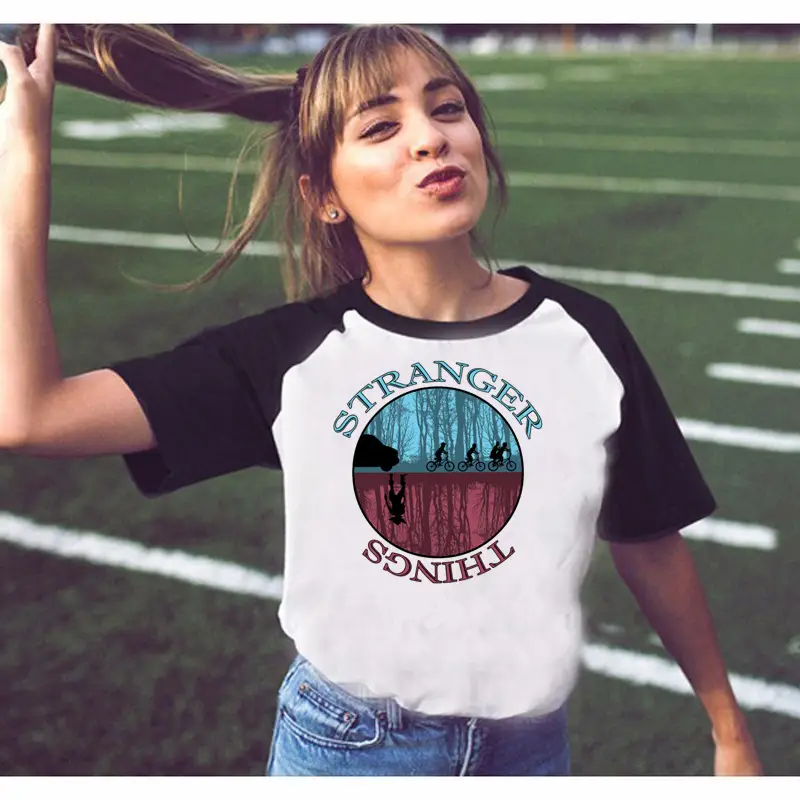 Stranger Things Off-Shoulder T-Shirt White Black Graphic Print - Image 11