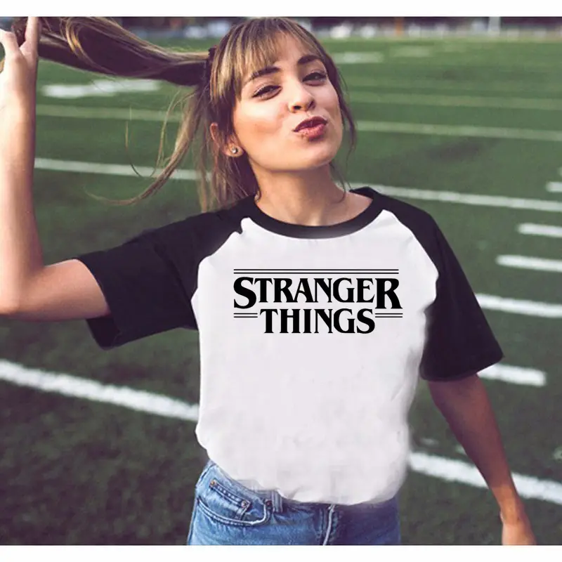 Stranger Things Off-Shoulder T-Shirt White Black Graphic Print - Image 10