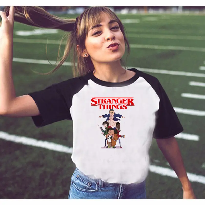 Stranger Things Off-Shoulder T-Shirt White Black Graphic Print - Image 16