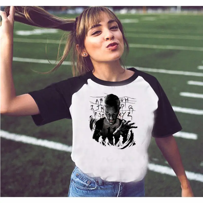 Stranger Things Off-Shoulder T-Shirt White Black Graphic Print - Image 17