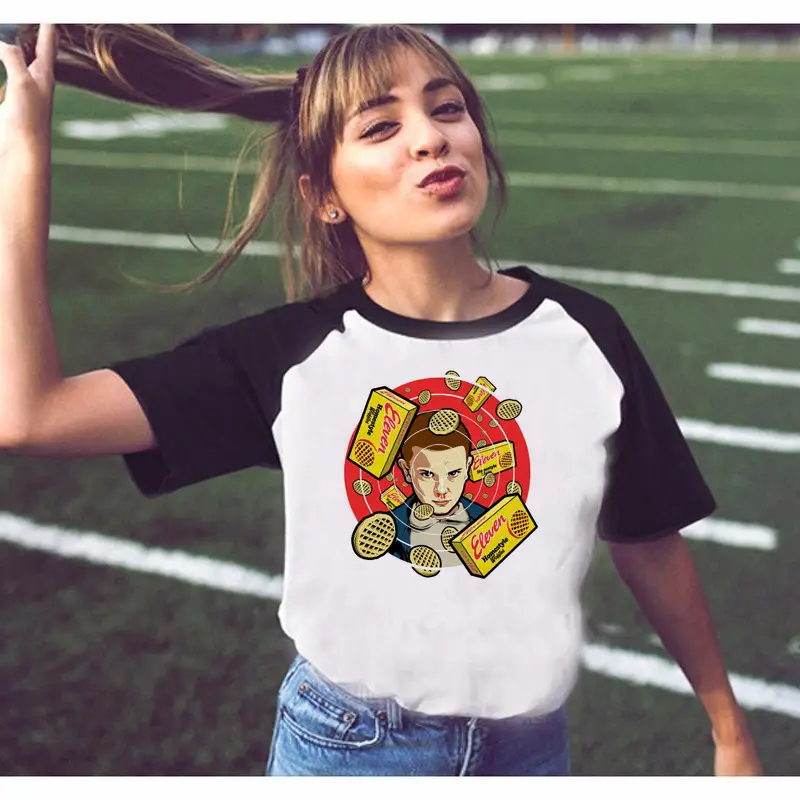 Stranger Things Off-Shoulder T-Shirt White Black Graphic Print - Image 18
