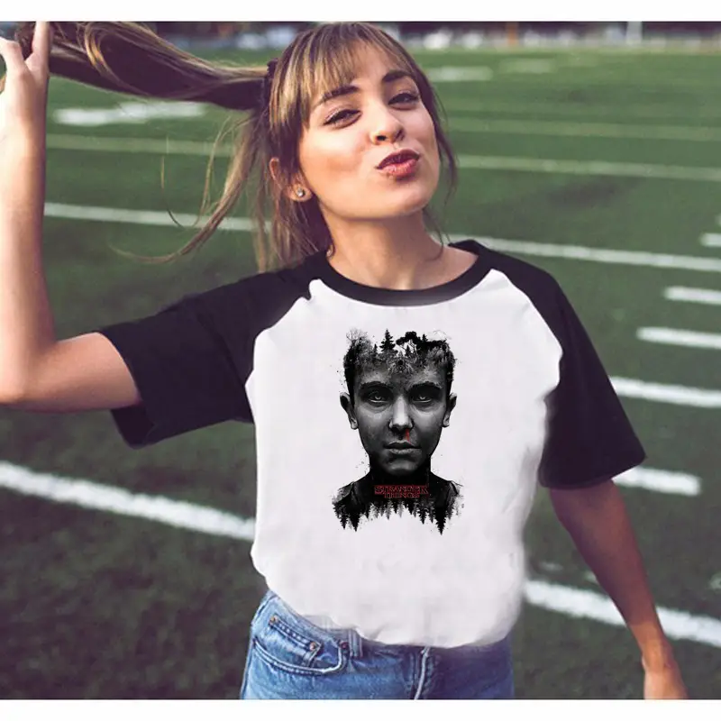 Stranger Things Off-Shoulder T-Shirt White Black Graphic Print - Image 2