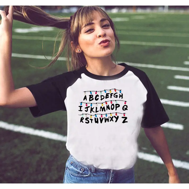 Stranger Things Off-Shoulder T-Shirt White Black Graphic Print - Image 20
