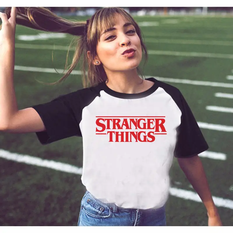 Stranger Things Off-Shoulder T-Shirt White Black Graphic Print - Image 21