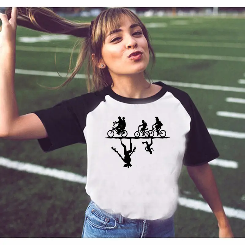 Stranger Things Off-Shoulder T-Shirt White Black Graphic Print - Image 23
