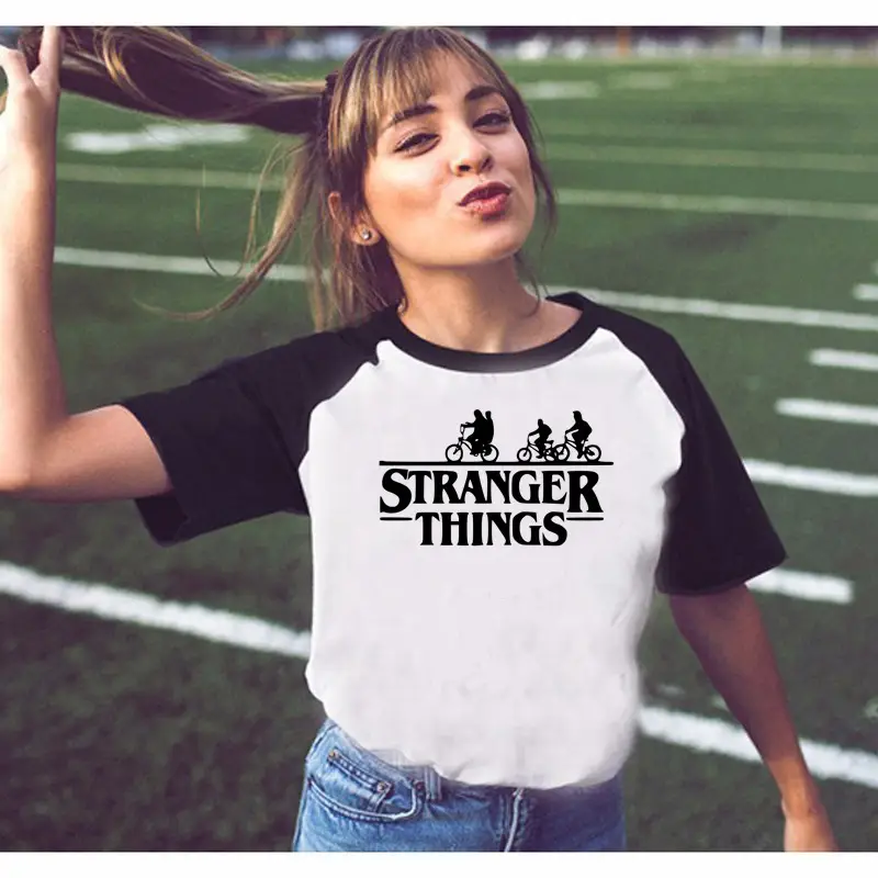 Stranger Things Off-Shoulder T-Shirt White Black Graphic Print - Image 26