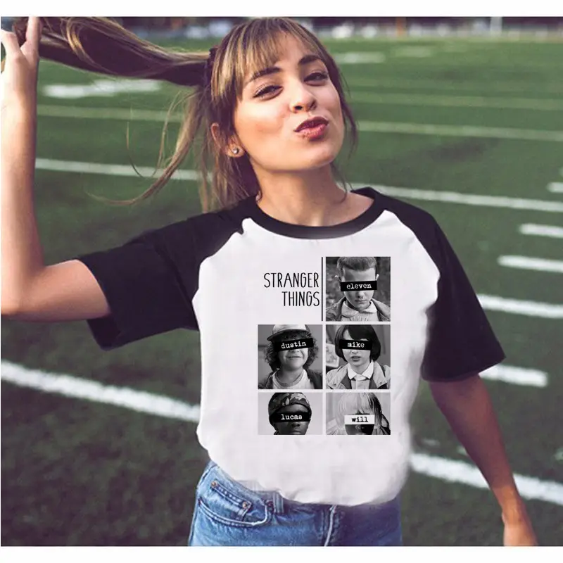 Stranger Things Off-Shoulder T-Shirt White Black Graphic Print - Image 3
