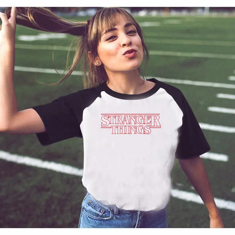 Stranger Things Off-Shoulder T-Shirt White Black Graphic Print - Image 27