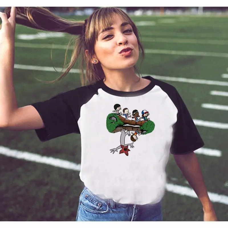 Stranger Things Off-Shoulder T-Shirt White Black Graphic Print - Image 28
